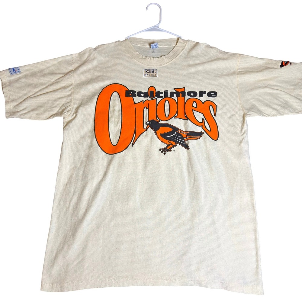 Vintage Baltimore Orioles The Game Textured T-Shirt Cream MLB Large USA Made NWT